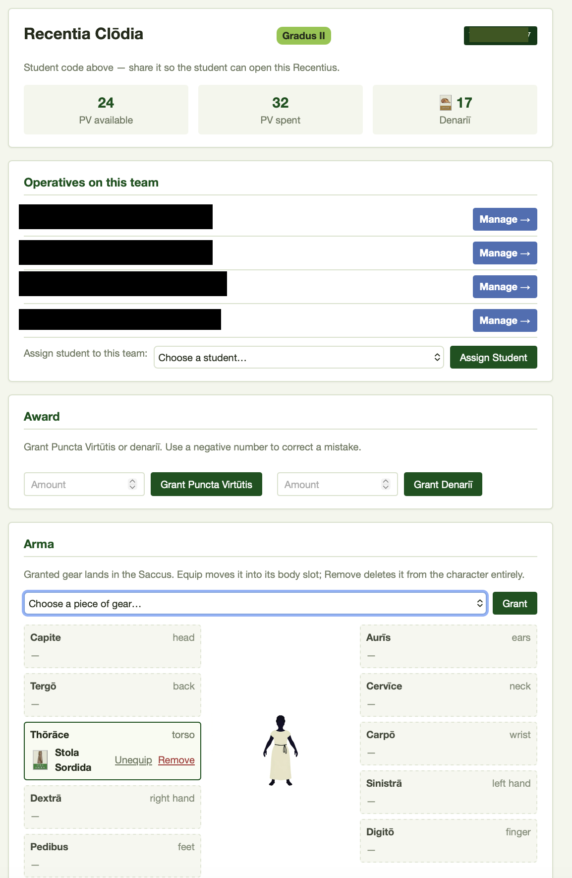 Character manage page in Mission Control